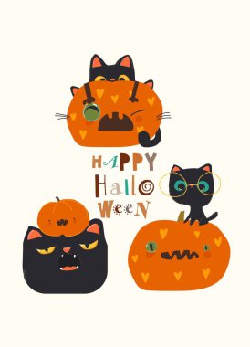 Komik Kediler Balkabağı 'nda oturuyor. Mutlu Cadılar Bayramı. Vektör İllüstrasyonu