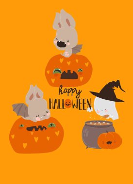 Komik Yarasalar Balkabağı 'nın üstünde oturuyor. Mutlu Cadılar Bayramı. Vektör İllüstrasyonu