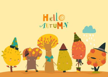 Çizgi film Renkli Sonbahar Ağaçları. Mutlu sezon. Vektör İllüstrasyonu