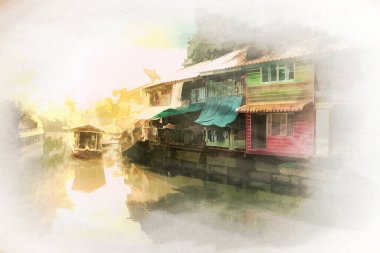 Bangkok 'taki kanalın kenarındaki eski köyün dijital suluboya resmi.