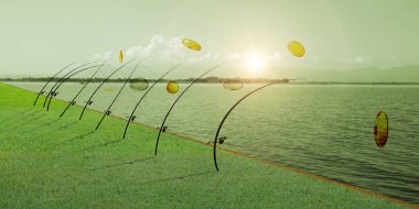 Bir sıra balık oltasının resmedilmesi güneş ışığında para birimini gölün kıyısına getiriyor, konsept yatırım riskler içeriyor.