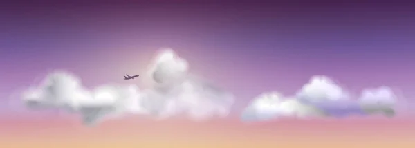 Ilustrações Vetoriais Nuvens Fofas Com Avião Luz Sol Noite — Vetor de Stock