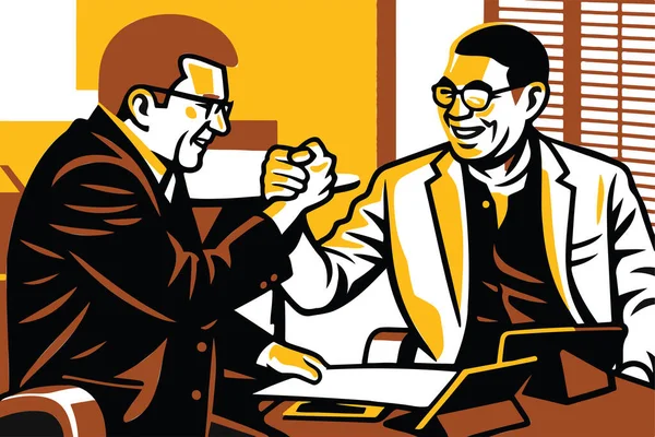 Two businessmen celebrate a successful deal with a cheerful handshake in a modern office environment.