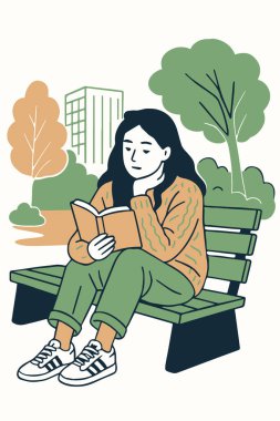 A hand-drawn illustration of a woman with dark hair,wearing a sweater and sneakers, sitting on a park bench in the garden and reading a book.vector image