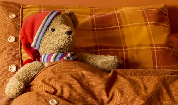 Bonito Urso Pelúcia Fofinho Com Lenço Tampa Cama Enfiado Cama — Fotografia de Stock