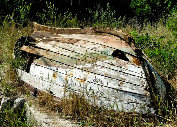 Tahta kayık gövdesi tahtadan devrilmiş. Kırık & delik tahtasıyla hava koşulları kötü. Görünür taneciklerle soyulmuş boya. Yetiştirilmiş bahçede altüst oldu. Lopud, Dalmaçya, Hırvatistan, Avrupa