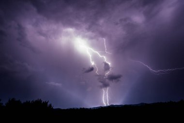 Powerful and dramatic double lightning falling onto the ground during heavy thunderstorm in Romania's mountains clipart
