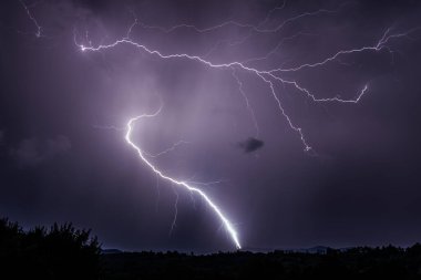 Two dramatic lightnings discharging over the ground and purple sky on at night in Romania over rural area clipart