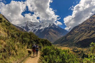 Cusco, Peru yakınlarındaki Salkantay Dağı 'na doğru dört kişi yürüyor..