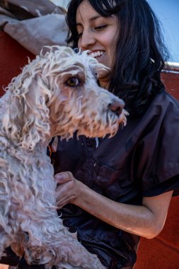 Temiz bir köpekle gülümseyen kız.