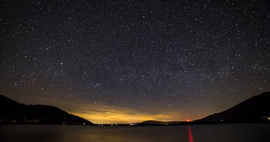 İngiliz Göl Bölgesi 'ndeki Bassenthwaite Gölü' nün panoramik görüntüsü yıldızlı bir gökyüzünün altında