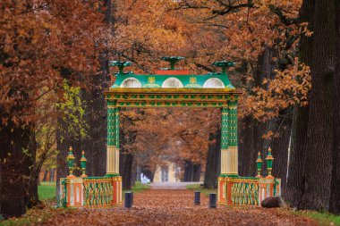 Altın sonbahar, Puşkin şehri, Saint-Petersburg, Rusya 'daki Alexander Park' ın Çin köyü kapısı, portakal yaprakları.