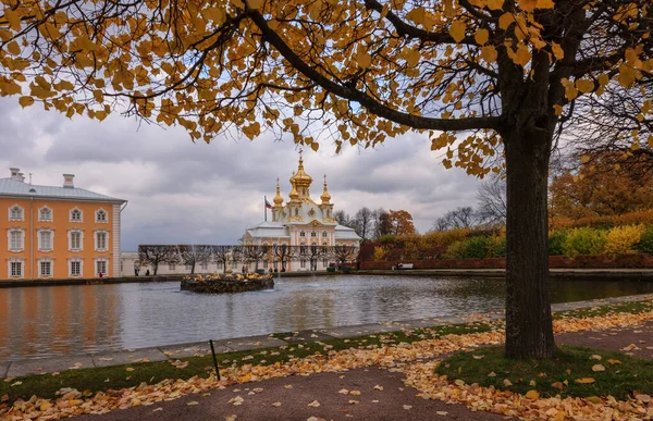 Automne Doré Peterhof Saint Pétersbourg Russie Fontaine Feuilles Jaunes — Photo