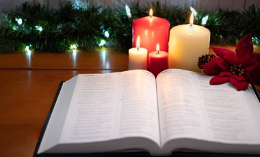 Masada, üzerinde çam kozalakları ve Noel çiçekleri olan bir mum ışığında bir İncil. seçili odak.