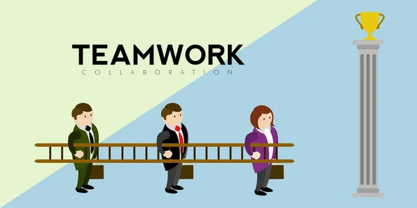 Empresarios sosteniendo una escalera. Trabajo en equipo — Vector de stock