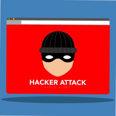Hacker simge bilgisayar ekranında. Siber saldırı. Vektör çizim tasarım