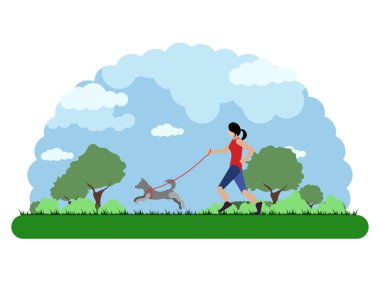 Köpeğiyle kaçan bir kız ile bir park peyzaj