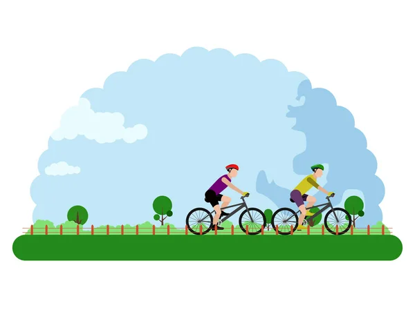 Landscape of an outdoor park with people riding bikes — Stock Vector