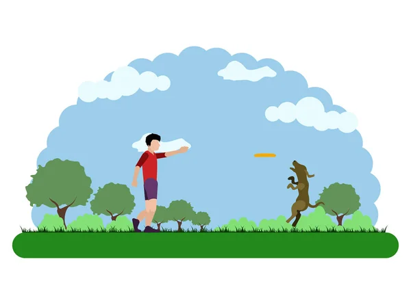 Paisaje de un parque con un niño jugando — Vector de stock