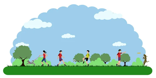 Paisaje de un parque con gente haciendo ejercicios — Vector de stock