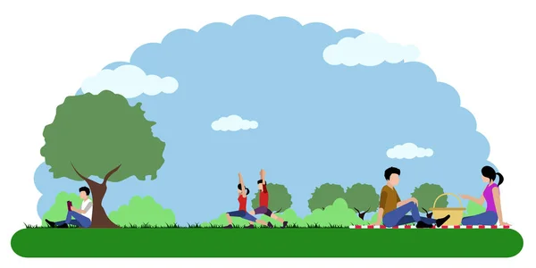 Paisaje de un parque con gente relajada — Vector de stock