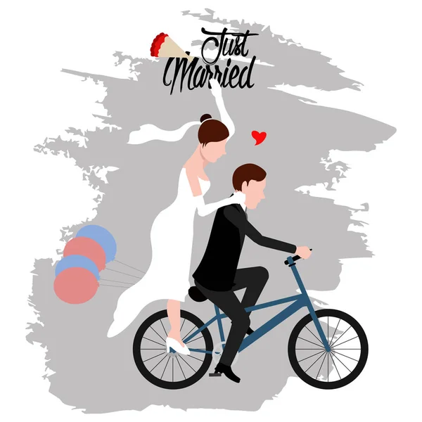 Brudgummen och bruden på en cykel. Bara gift par — Stock vektor