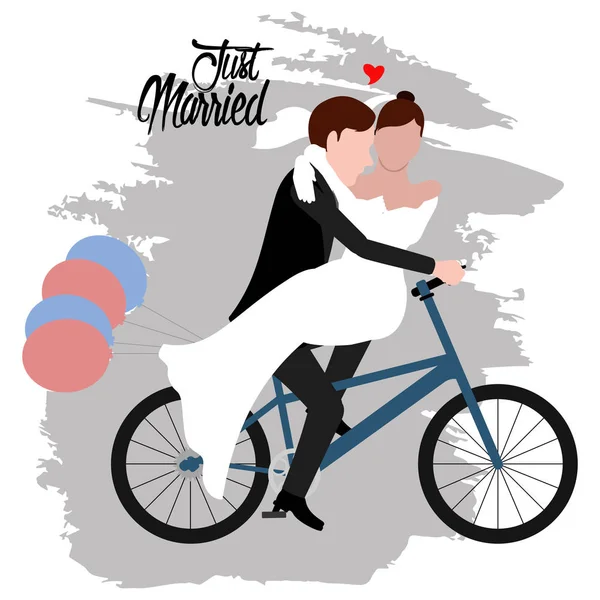 Groom and bride on a bicycle. Just married couple — Stock Vector