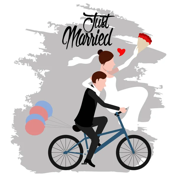 Groom and bride on a bicycle. Just married couple — Stock Vector