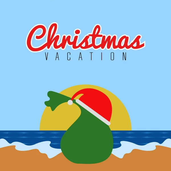 Saco de regalo en la playa. Vacaciones de Navidad — Vector de stock