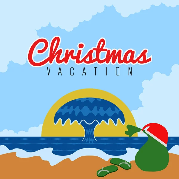 Bolsa de regalo en la playa. Vacaciones de Navidad — Archivo Imágenes Vectoriales