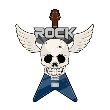 Rock müzik etiketi ile bir kafatası ve elektro gitar