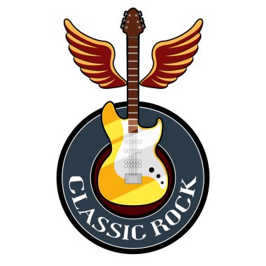 Klasik rock müzik etiketi ile bir elektro gitar ve kanatlar