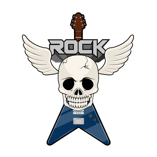 Rock music label with a skull and electric guitar