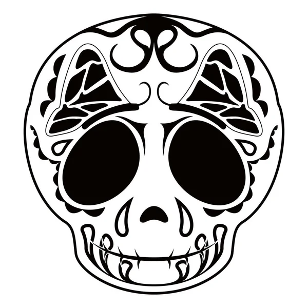 Esquema de una caricatura de cráneo mexicano feliz — Vector de stock