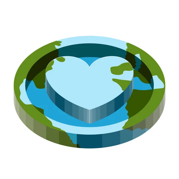 Земля с трехмерной плоской формой и иконой сердца — стоковый вектор