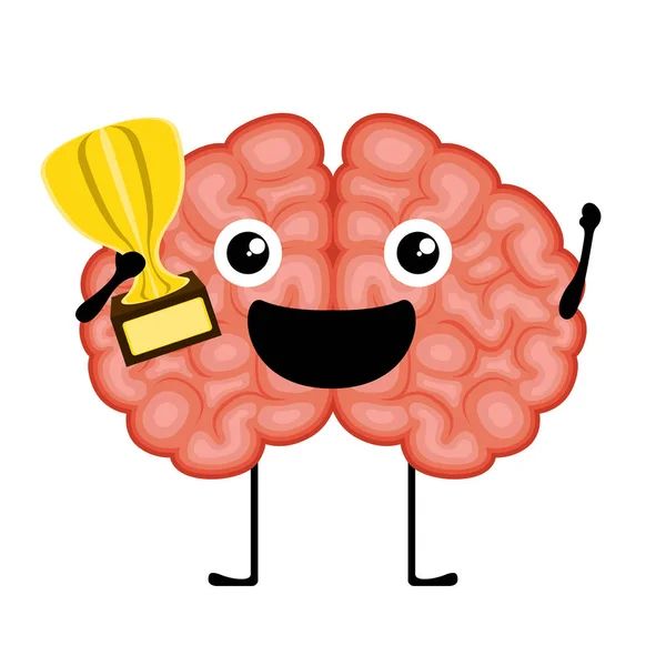 Dibujos animados del cerebro feliz con un trofeo de oro — Archivo Imágenes Vectoriales