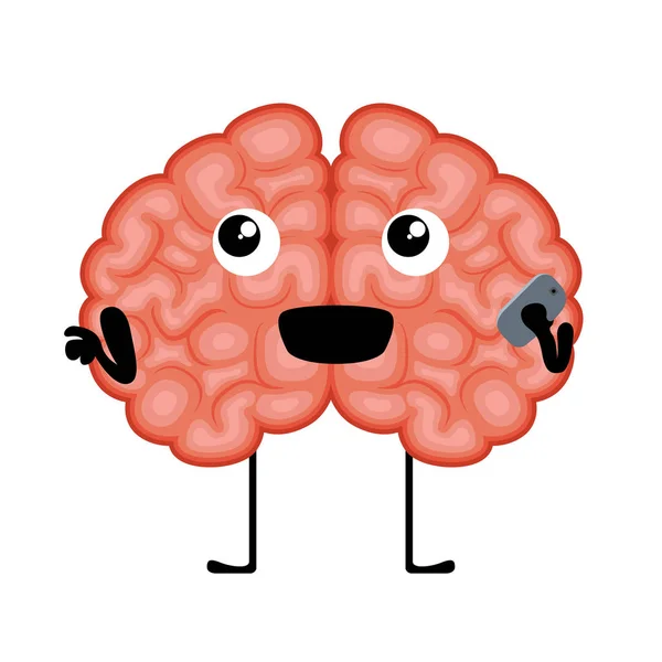 Desenhos animados do cérebro feliz com um smartphone —  Vetores de Stock