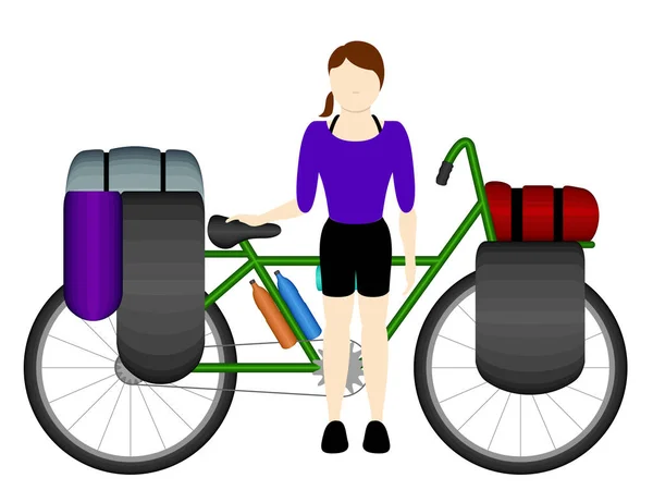 Geïsoleerde vrouw fietstoerist — Stockvector