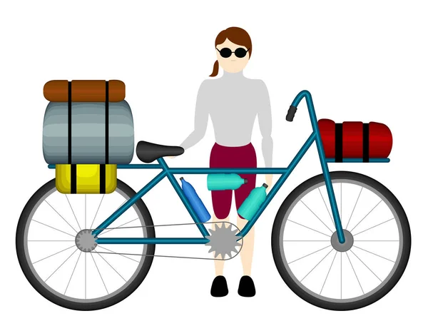 Mujer aislada bicicleta turista — Vector de stock