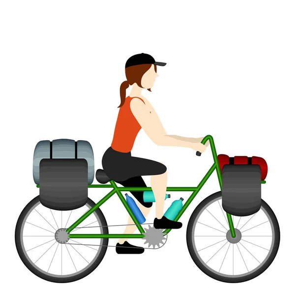 Geïsoleerde vrouw fietstoerist rijden op een fiets — Stockvector