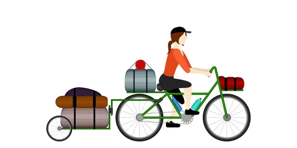 Mujer aislada bicicleta turista montar en bicicleta — Vector de stock