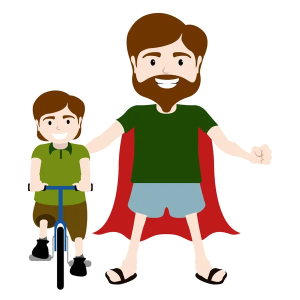 Super papá personaje con niño montar en bicicleta — Vector de stock