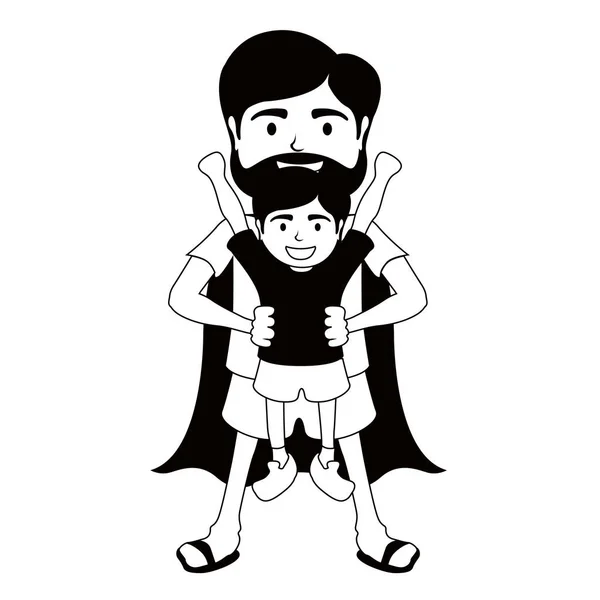 Personaje monocromático de un súper padre con un niño — Vector de stock