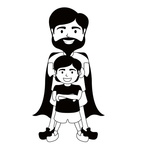 Personaje monocromático de un súper padre con un niño — Vector de stock