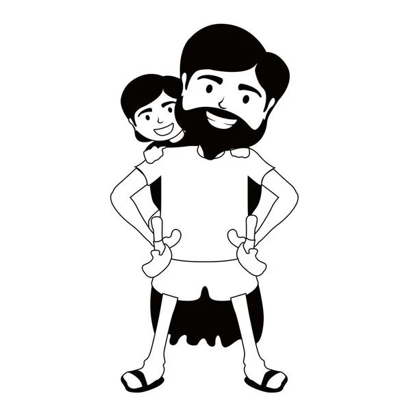 Caractère monochrome d'un super papa avec un garçon — Image vectorielle