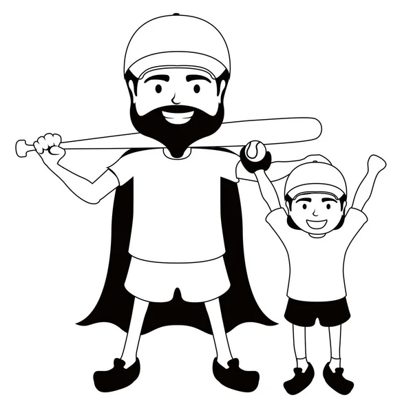 Personagem de super pai jogando beisebol com um menino — Vetor de Stock