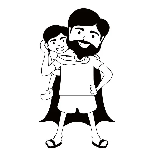 Personagem monocromático de um super pai com um menino — Vetor de Stock