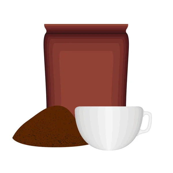 Pile ground coffee with a bag and cup — Stock Vector