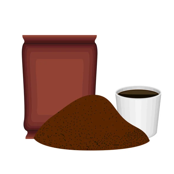 Сварочный молотый кофе с мешком и чашкой — стоковый вектор