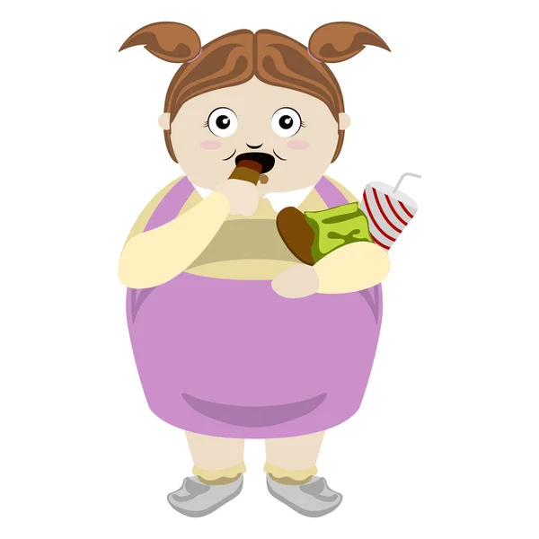 Chica gorda comiendo una barra de chocolate — Vector de stock